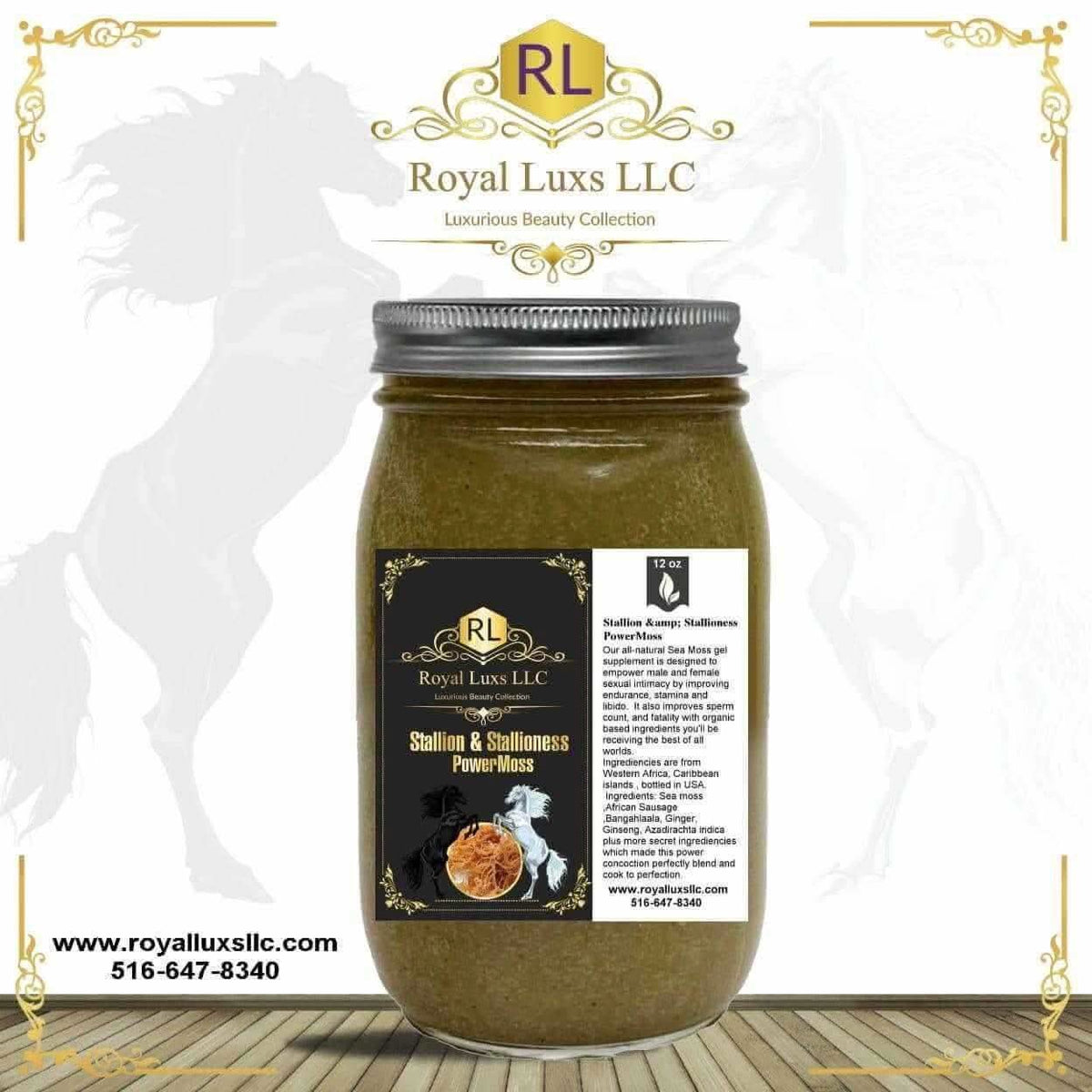 Royal Luxs LLC herbal vitality blend for men and women Stallion Stallioness Power-Moss in a glass jar with metal lid