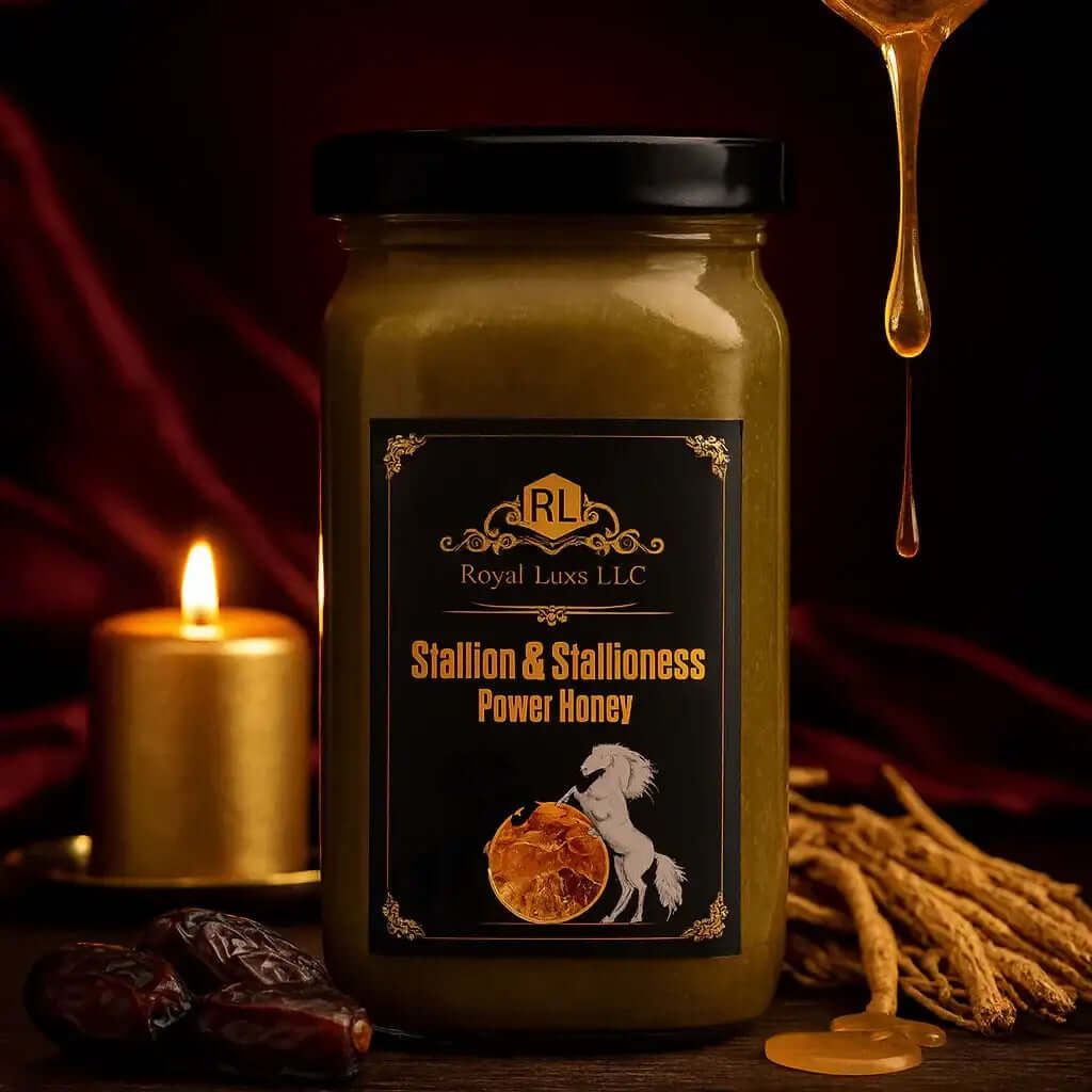 RoyalLuxsLLC Stallion and Stallioness Power Honey jar showcasing herbal vitality blend for men and women with honey dripping