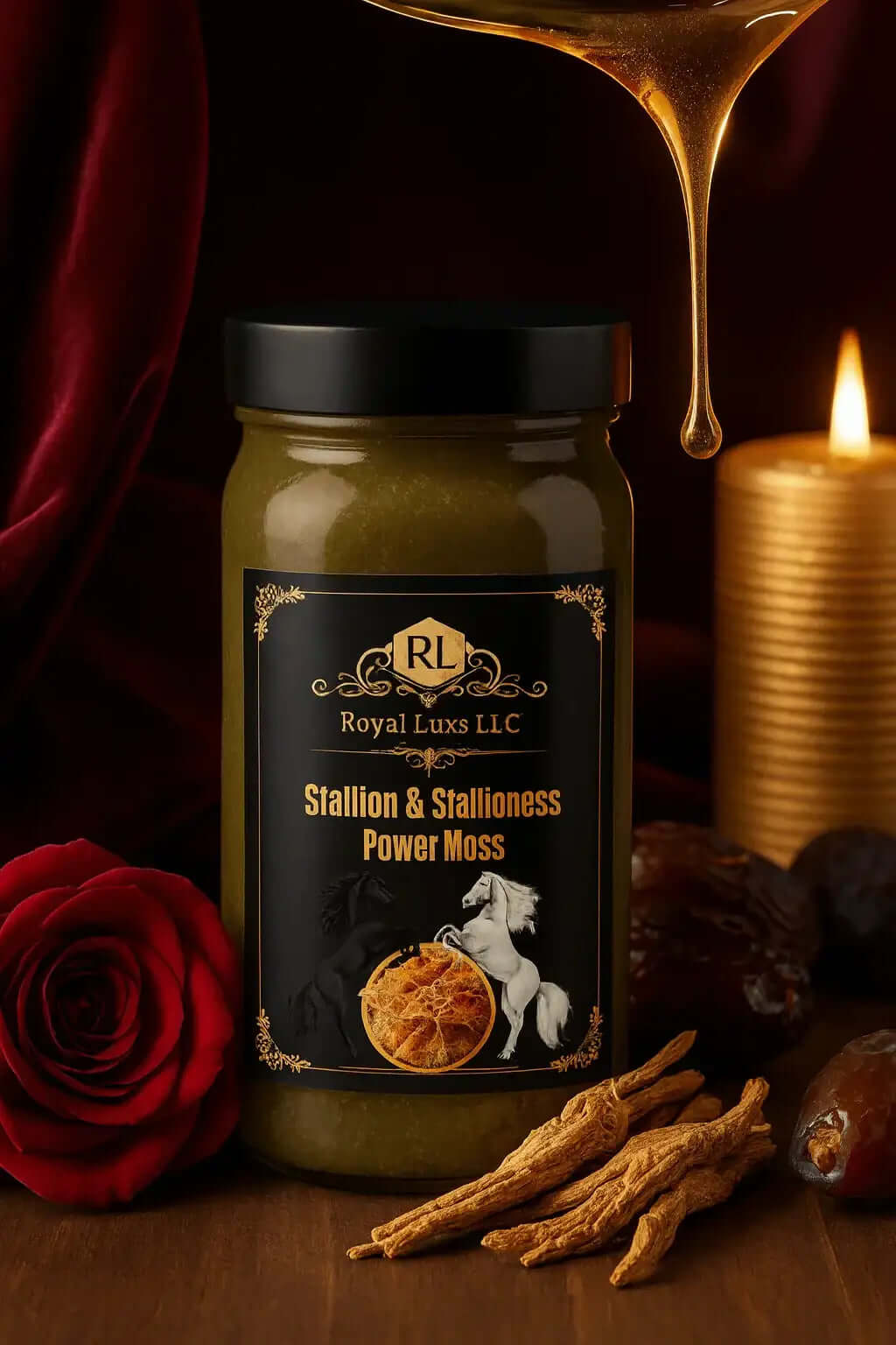 Royal LuxsLLC Stallion Power Moss jar with herbal vitality blend for men and women beside rose and herbs