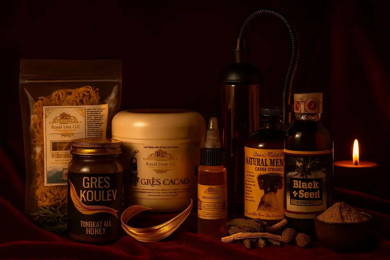 RoyalLuxsLLC herbal wellness starter kit with natural supplements and remedies displayed on a dark fabric background