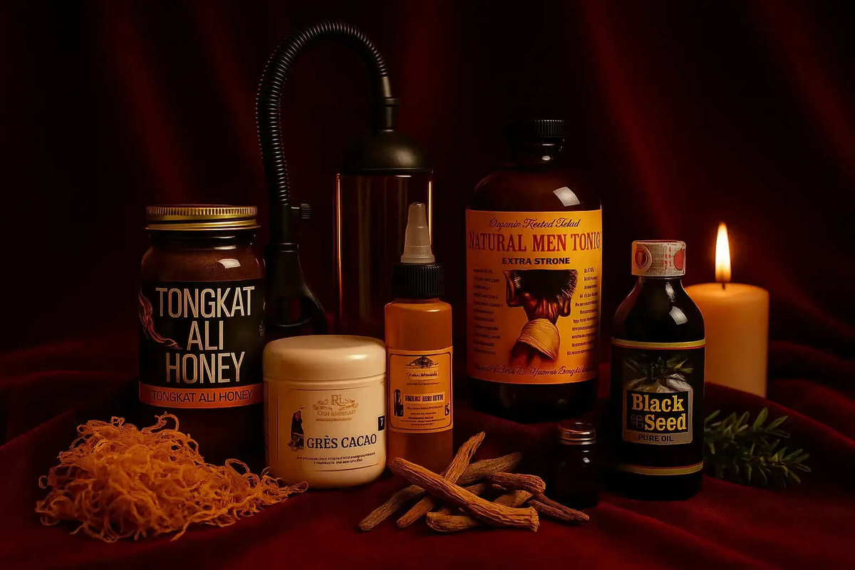 RoyalLuxsLLC herbal wellness starter kit featuring natural honey, cacao cream, tinctures, and herbal supplements on red background