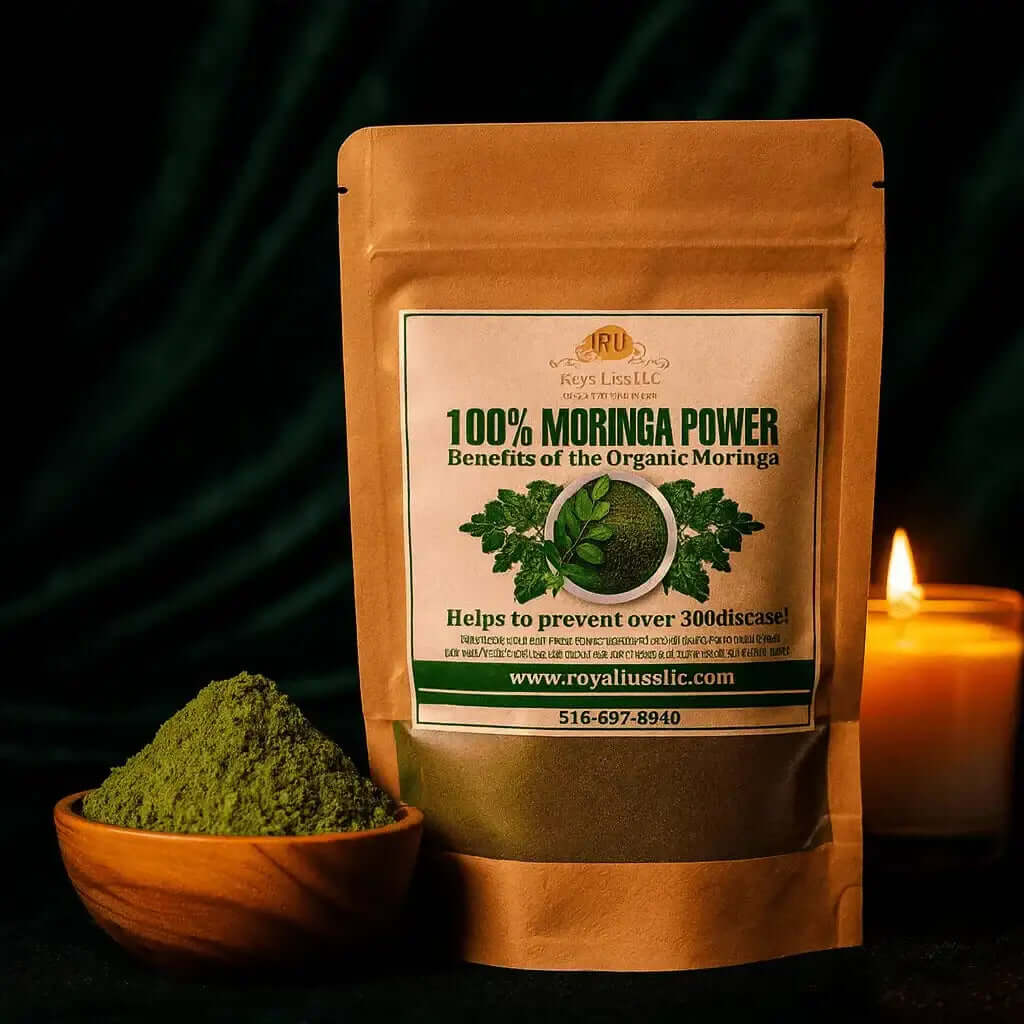 RoyalLuxsLLC organic moringa leaf powder in brown resealable pouch next to wooden bowl with green powder