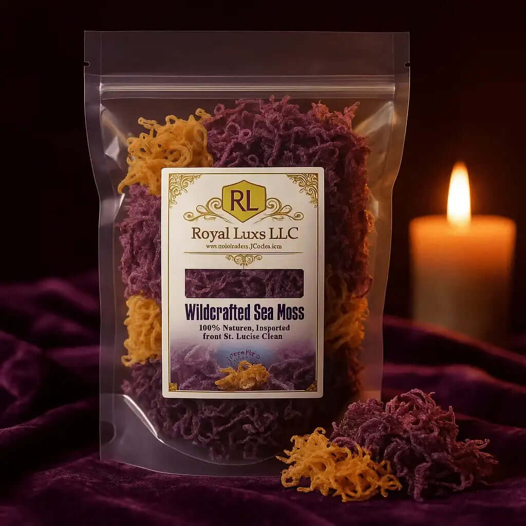 RoyalLuxsLLC wildcrafted sea moss St Lucia nutritional food purée in a clear resealable bag with candlelight