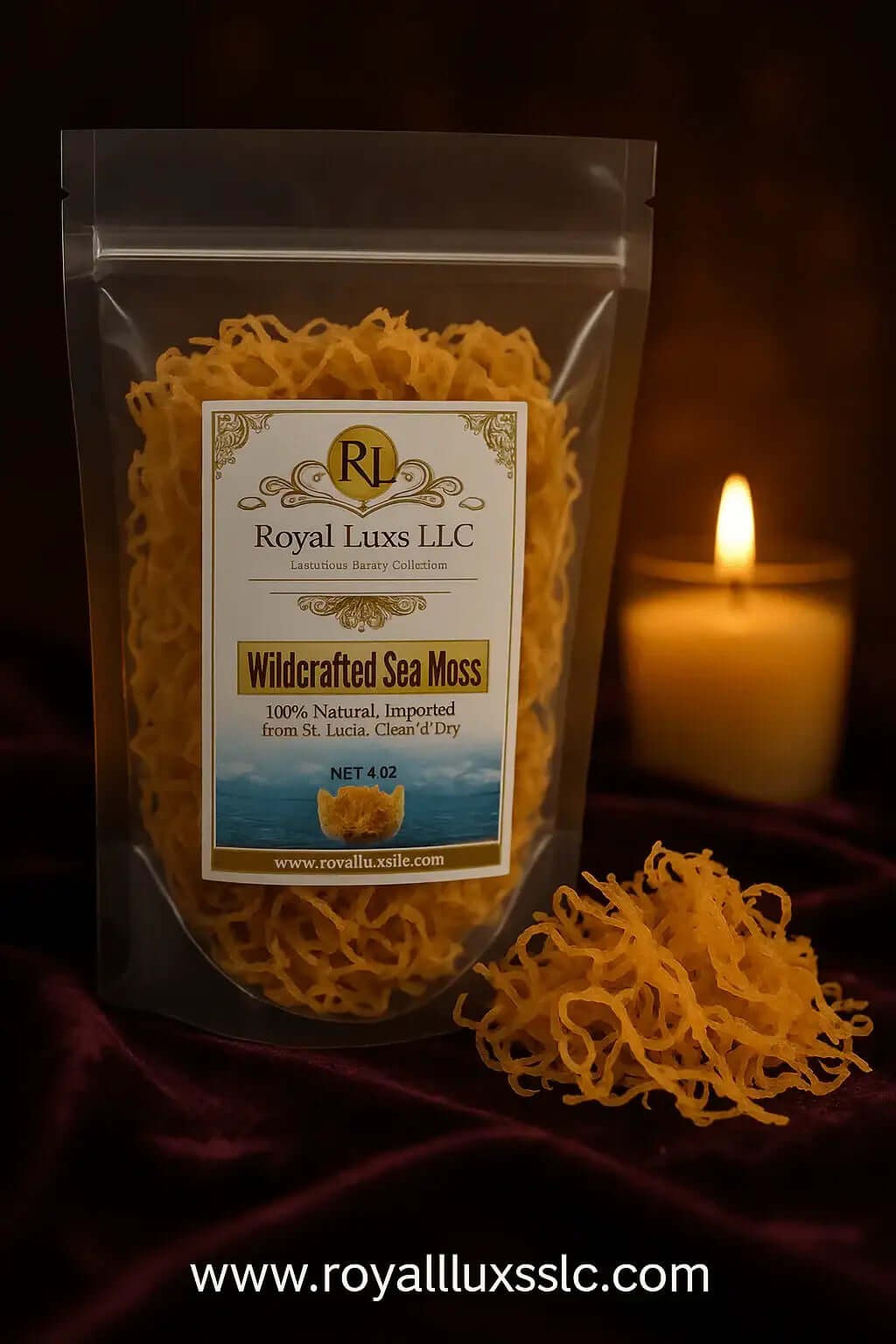 RoyalLuxsLLC wildcrafted sea moss St Lucia nutritional food purée in clear resealable pouch with candle backdrop