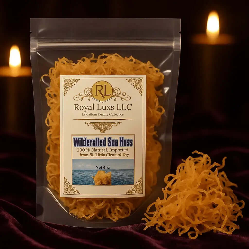 RoyalLuxsLLC wildcrafted sea moss St Lucia nutritional food purée in resealable bag with loose sea moss beside it