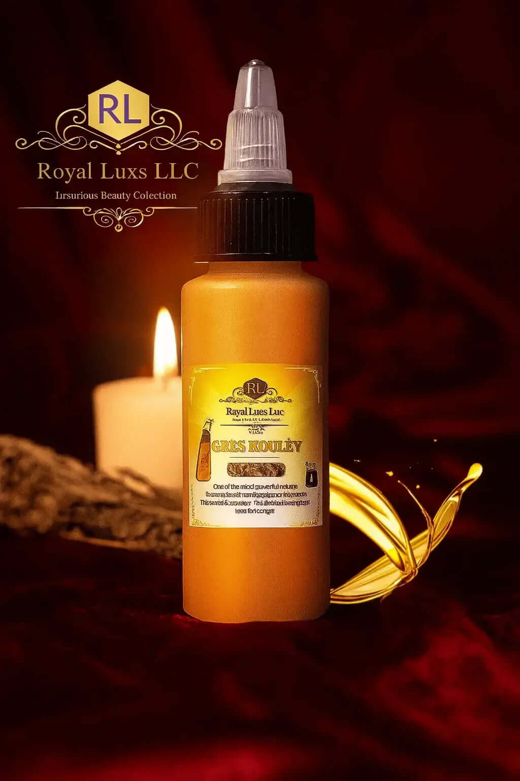 RoyalLuxsLLC bottle of Mandingo Miracle Oil with dropper cap and glowing liquid splash on red background