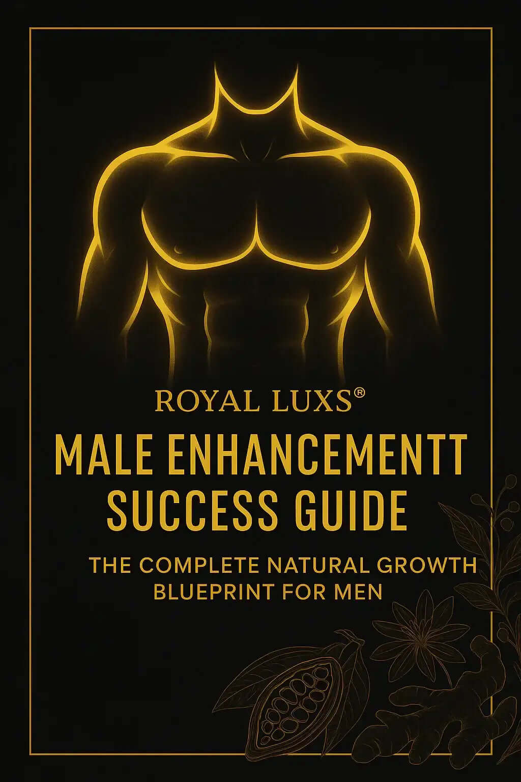 RoyalLuxsLLC natural male enhancement guide e-book cover with muscular male torso illustration and growth blueprint
