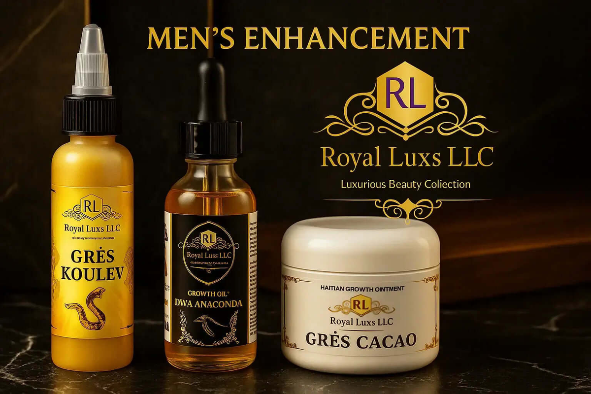 RoyalLuxsLLC men's enhancement cream Grès Cacao alongside natural male enhancement supplements oils in amber and yellow bottles