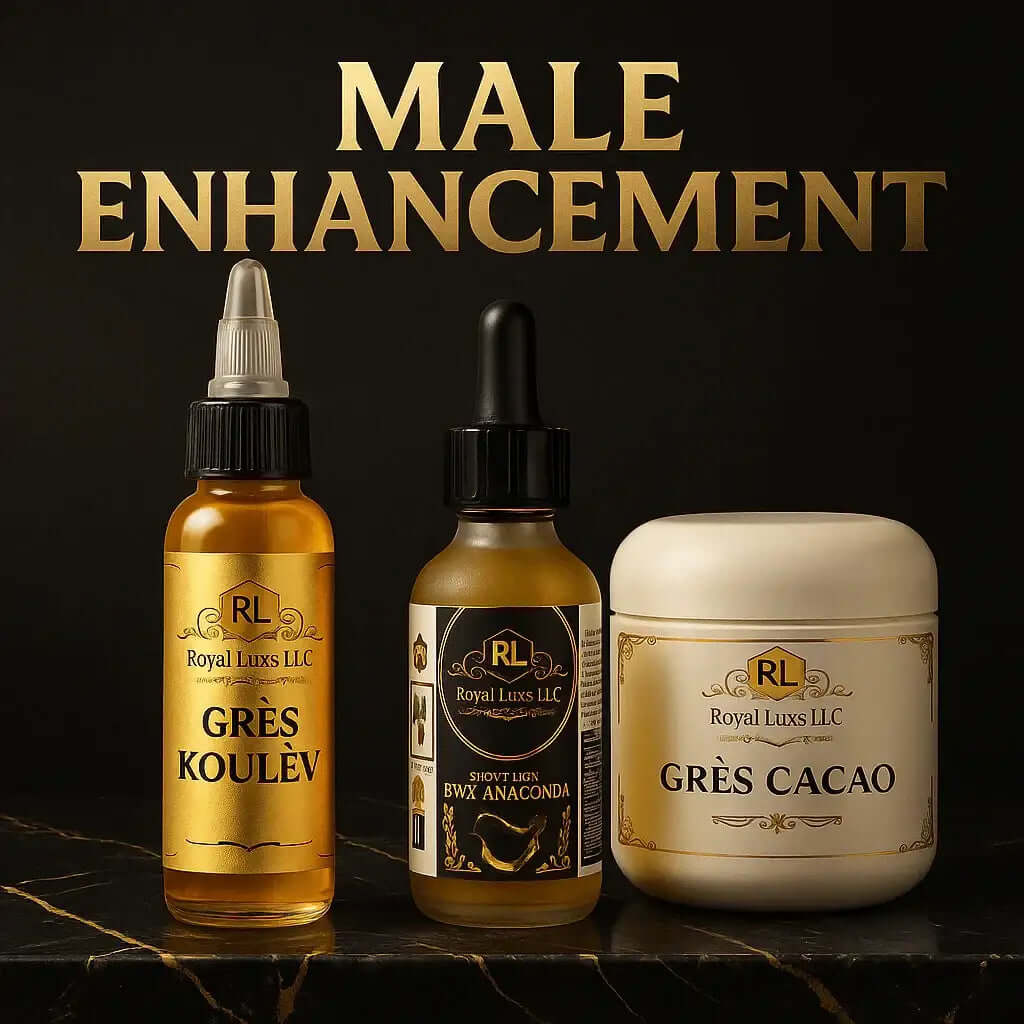 RoyalLuxsLLC cream and serums set for natural male enhancement supplements in gold and black packaging