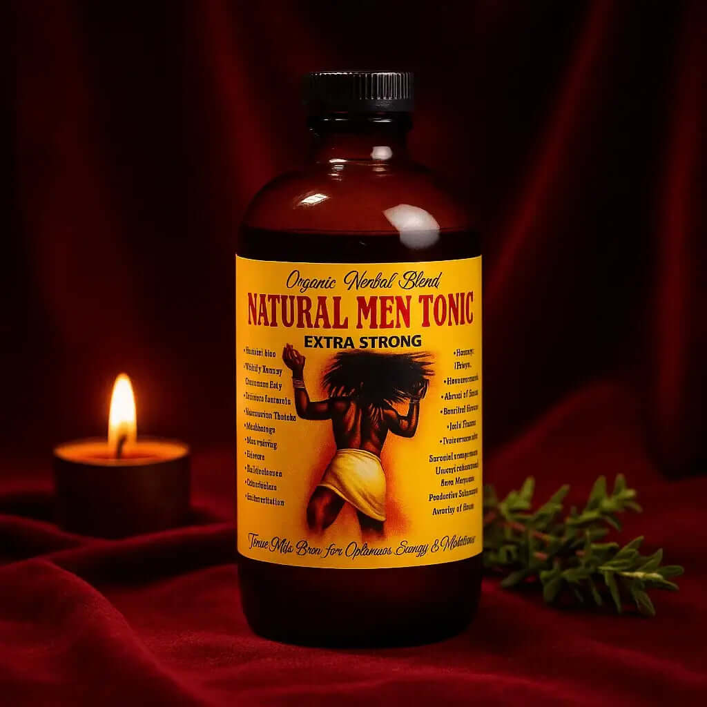 RoyalLuxsLLC Organic Herbal Blend Natural Men Tonic Extra Strong bottle with candle and greenery
