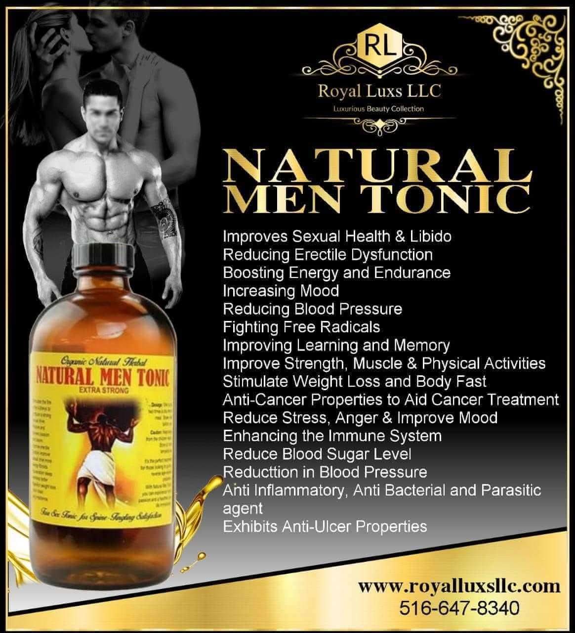 RoyalLuxsLLC natural men tonic bottle with list of health benefits for sexual health and energy