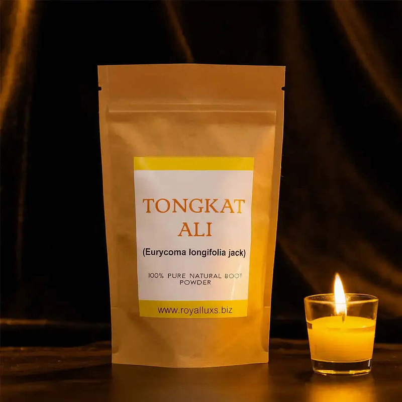 RoyalLuxsLLC Tongkat Ali root powder in a brown resealable pouch next to a lit candle