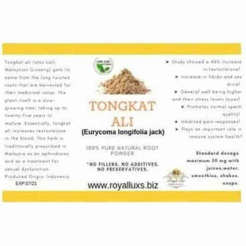 RoyalLuxsLLC Tongkat Ali root powder 100 percent pure natural herbal supplement label