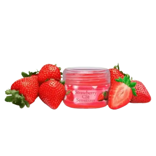 RoyalLuxsLLC strawberry clit sensitizer gel jar surrounded by fresh strawberries on black background