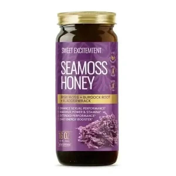 Sea moss honey with burdock root in a 16 oz jar by RoyalLuxsLLC with purple label and gold lid