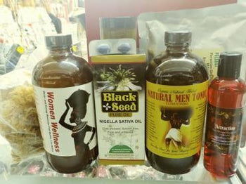 Collection of natural edible bitters for wellness including Women Wellness and Natural Men Tonics with Black Seed oil