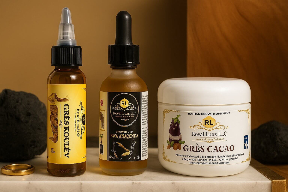 Grow collection featuring Grès Koulev, Bwa Anaconda, and Grès Cacao hair growth products by Royal Luxs.