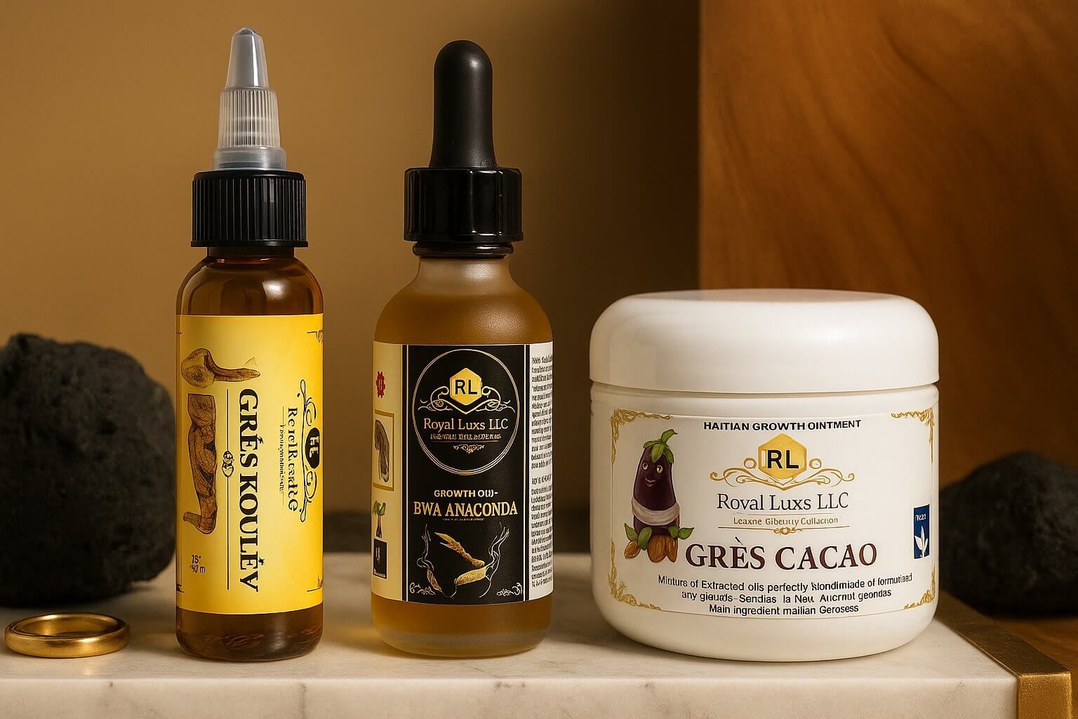 Grow collection featuring Grès Koulev, Bwa Anaconda, and Grès Cacao hair growth products by Royal Luxs.
