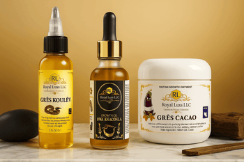 Royal Luxs herbal vitality supplements including Gres Koulev oil, Bwa Anaconda growth oil, and Gres Cacao ointment