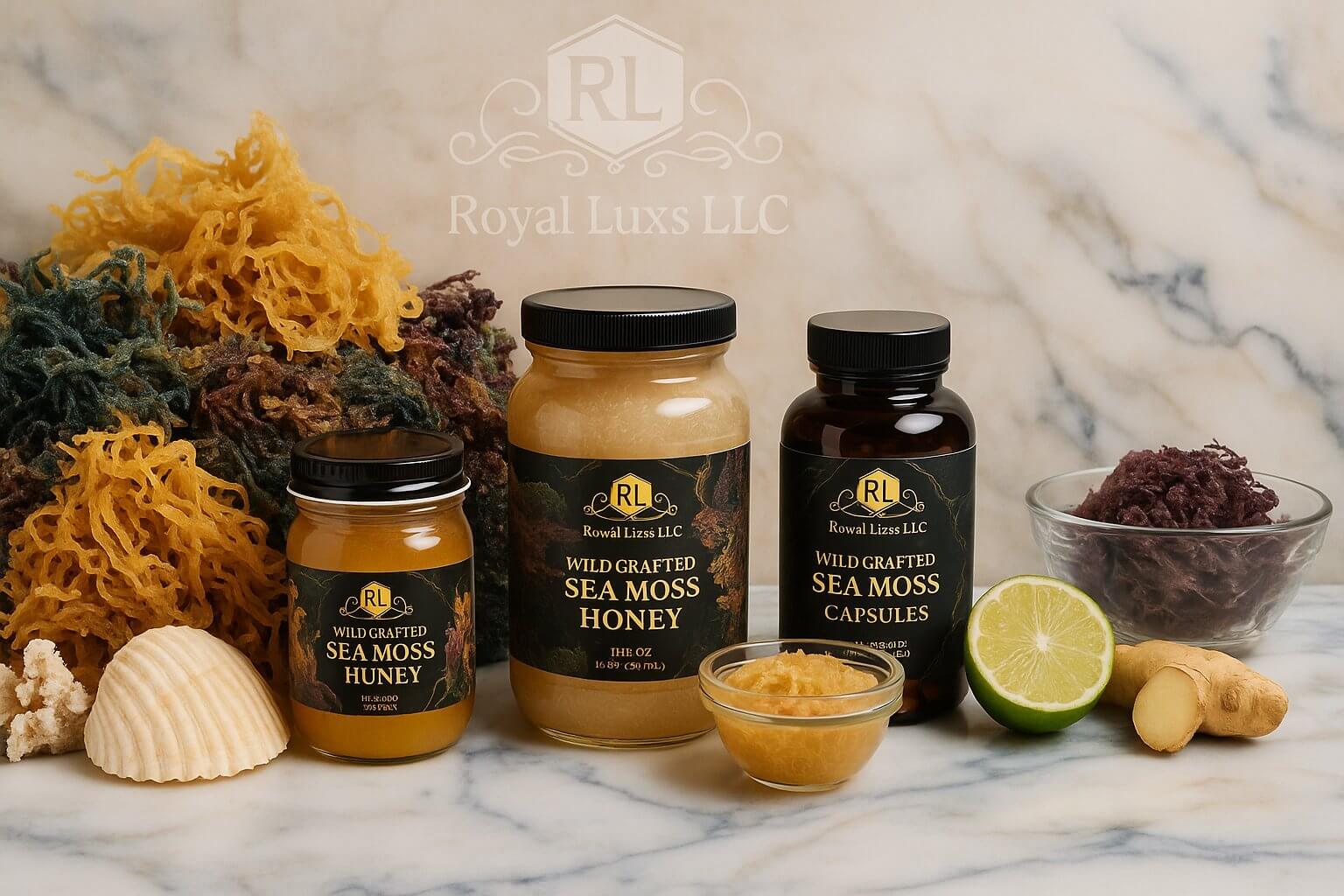 Wildcrafted sea moss gel and honey blends in jars with sea moss, lime, and ginger on marble surface