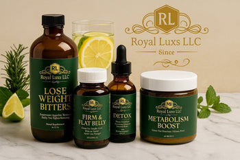 Herbal weight loss supplements including bitters, detox drops, metabolism boost, and firm flat belly capsules by Royal Luxs LLC