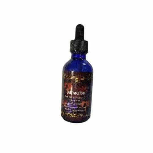 2 oz Attraction Pheromone perfume oil in a blue glass bottle with dropper, designed for enhancing allure.