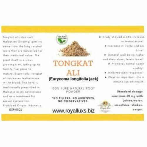 Tongkat Ali Eurycoma longifolia jack powder packaging, 100% pure, promoting testosterone boost and vitality.