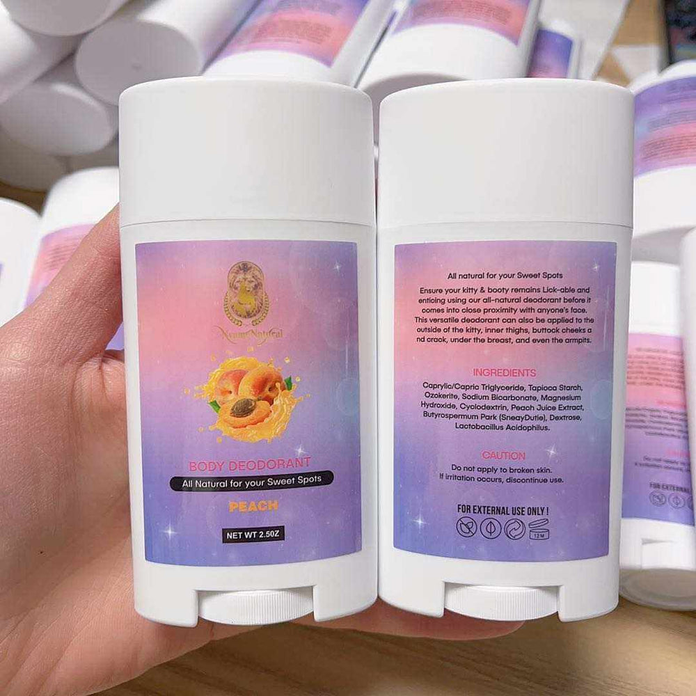 Booty Deodorant in peach scent, all-natural formula for freshness and odor control, designed for sensitive areas.
