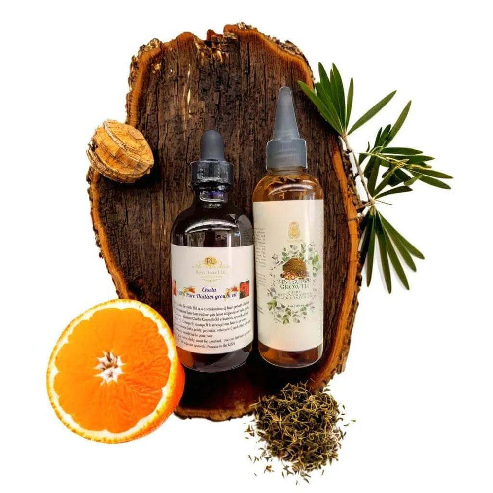 Chella Hair Growth Oil and 3 in 1 Super Growth Oil on a wooden background with orange and herbs.