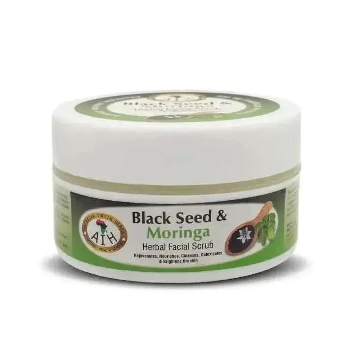 RoyalLuxsLLC black seed moringa facial scrub in a green and white jar for herbal skin care