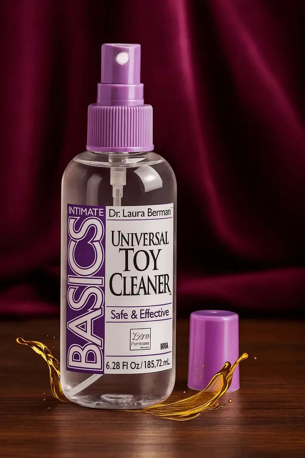 RoyalLuxsLLC anti-bacterial toy cleaner spray bottle with purple cap and label on wooden surface