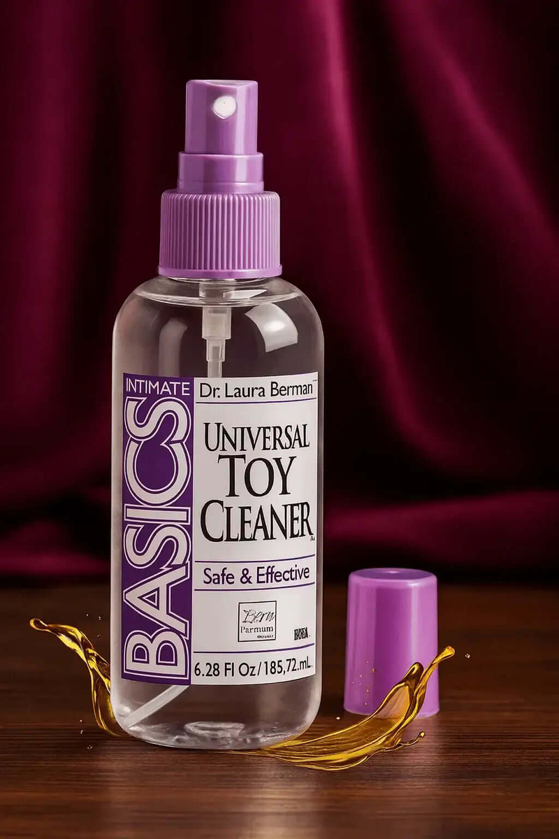 RoyalLuxsLLC anti-bacterial toy cleaner spray bottle with purple cap and label on wooden surface