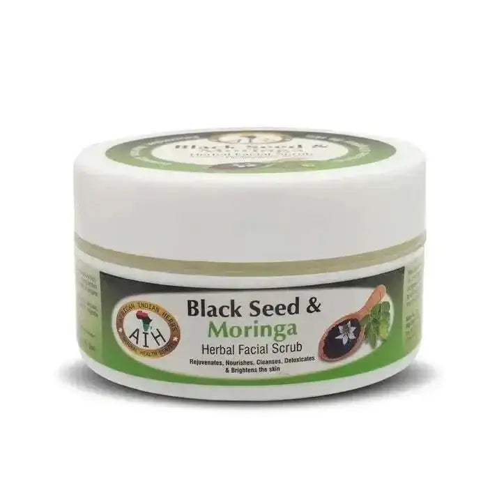 Black Seed & Moringa Herbal Facial Scrub in jar for detox and cleanse, a perfect herbal tonic for radiant skin.