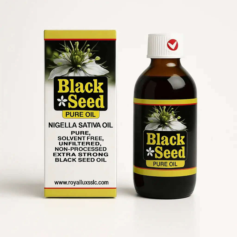 RoyalLuxsLLC pure black seed oil cold pressed Nigella Sativa oil bottle with packaging