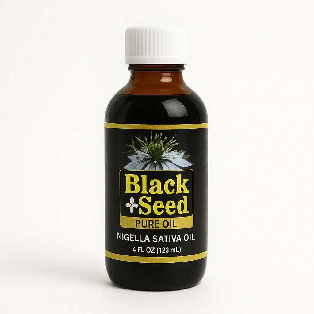 RoyalLuxsLLC pure black seed oil cold pressed in a 4oz brown glass bottle with white cap