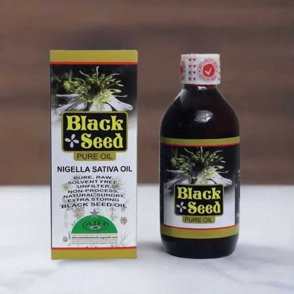 Bottle and box of pure black seed oil Nigella sativa oil by RoyalLuxsLLC for natural health use