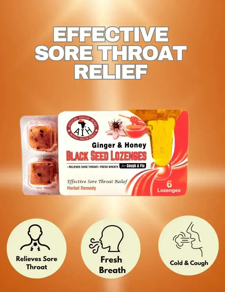 Blackseed Ginger&Honey Lozenges for effective sore throat relief with ginger, honey, and black seed benefits.