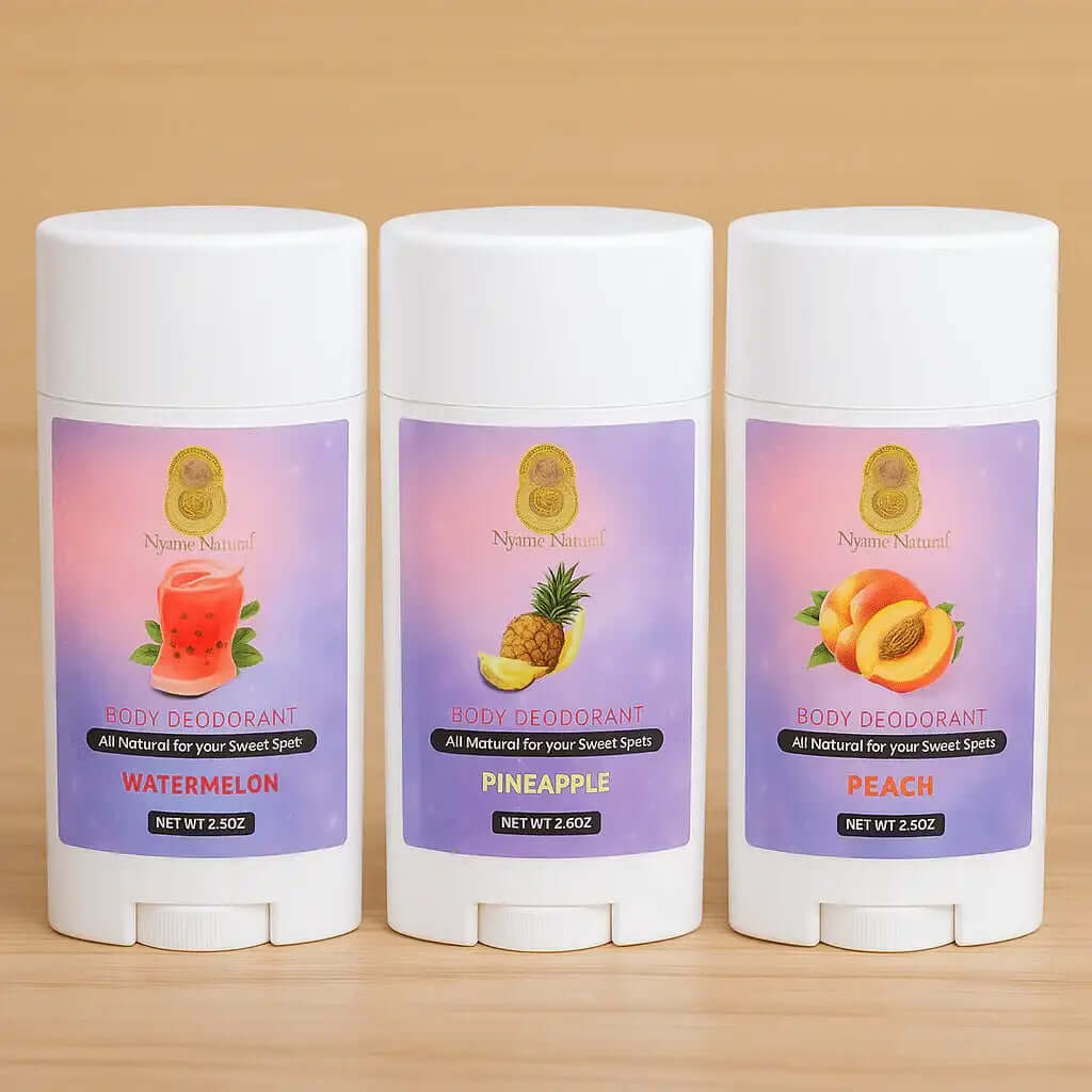 Booty Deodorant collection featuring watermelon, pineapple, and peach scents for ultimate freshness and odor control.