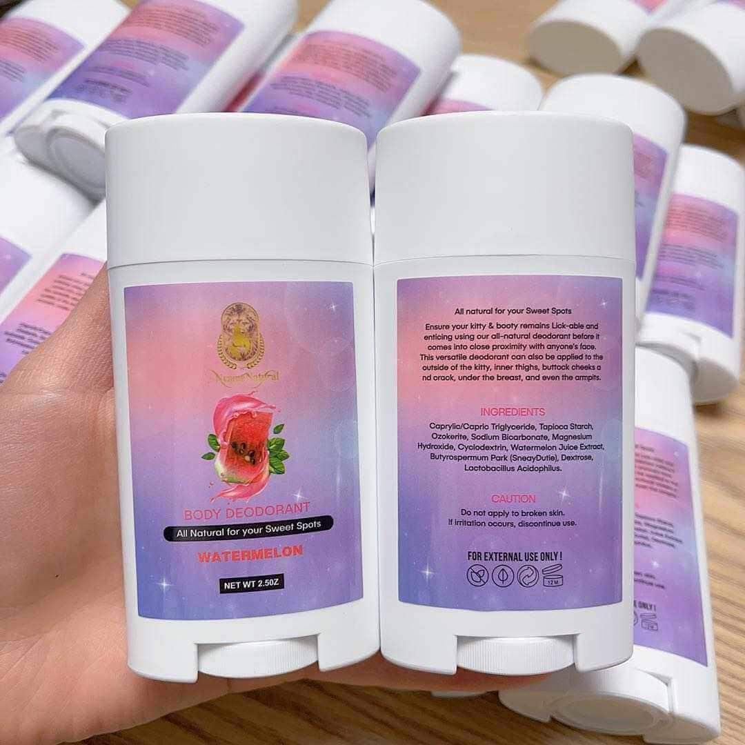Booty Deodorant with watermelon scent, all-natural for freshness and confidence, ideal for sensitive areas.
