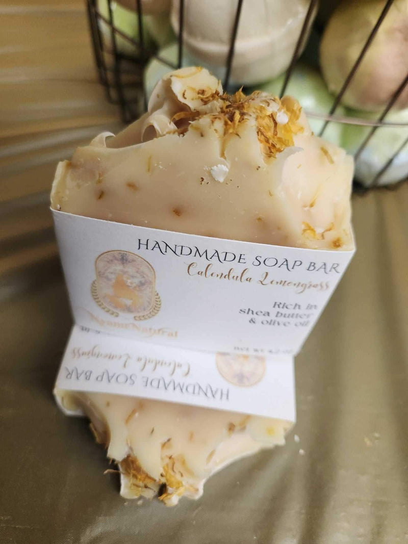 Calendula Lemongrass Bar soap with shea butter, featuring herbal tones for cleansing and detox benefits.