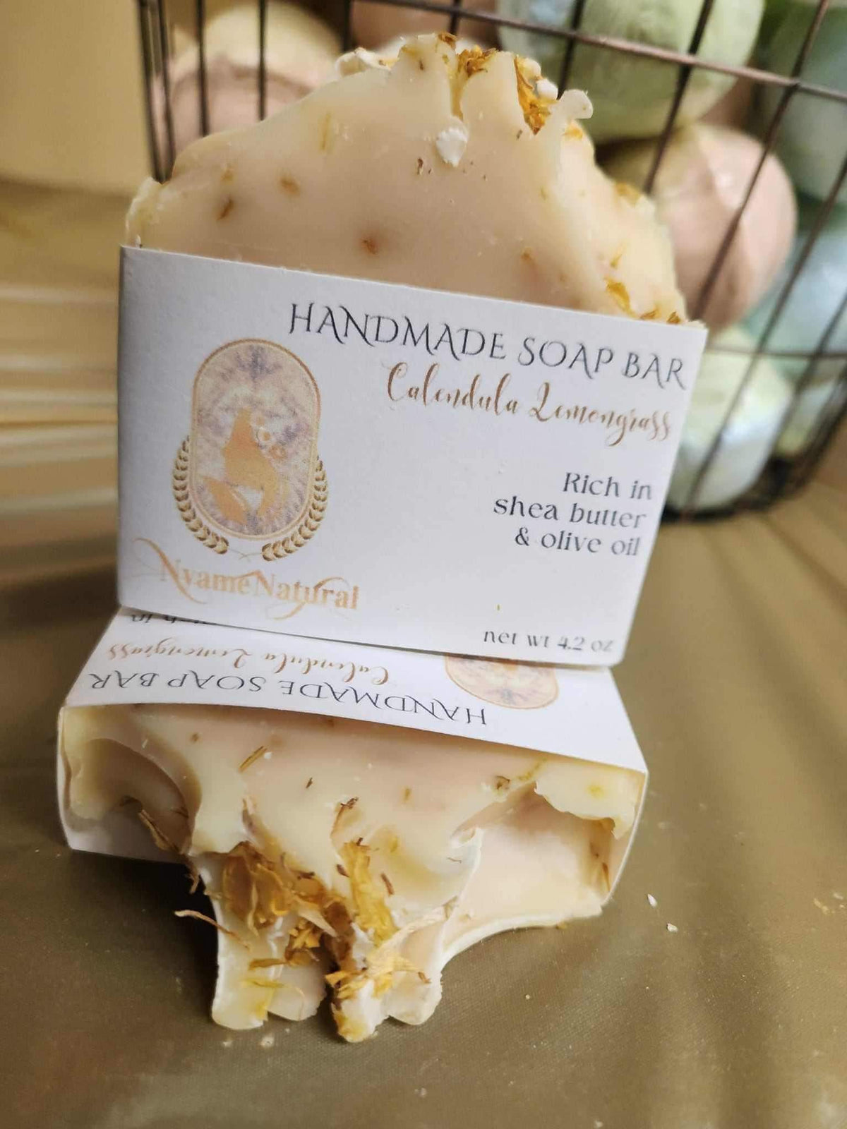 Calendula Lemongrass Bar soap, handmade with shea butter and olive oil, perfect for detox and cleanse routines.