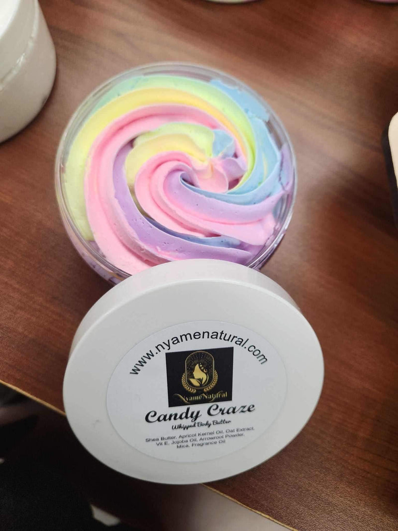Colorful Candy Craze Body butter in a jar, offering luxurious hydration and a delightful scent.