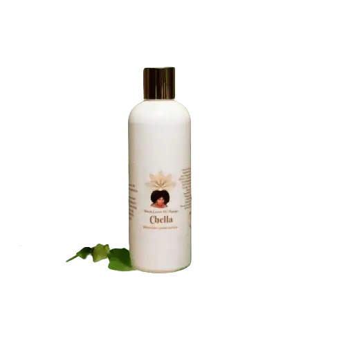 RoyalLuxsLLC Chella Haitian hair growth shampoo white bottle with brown cap and green leaves