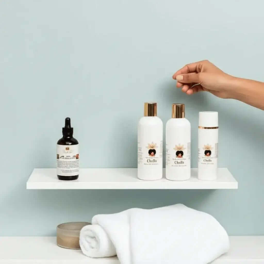 RoyalLuxsLLC herbal crown starter kit including cleanser, moisturizer, serum, and hair oil on white shelf