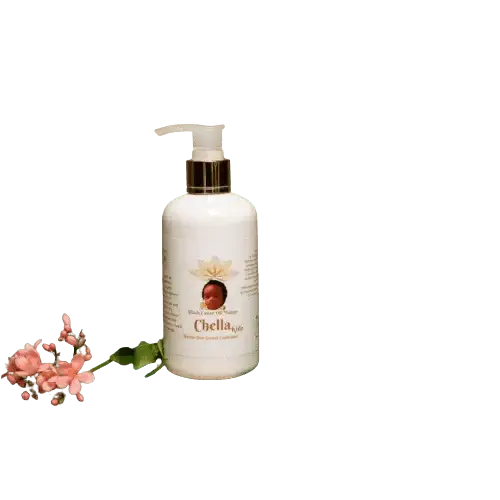 RoyalLuxsLLC Chella Haitian hair growth conditioner for kids in white pump bottle with floral decoration