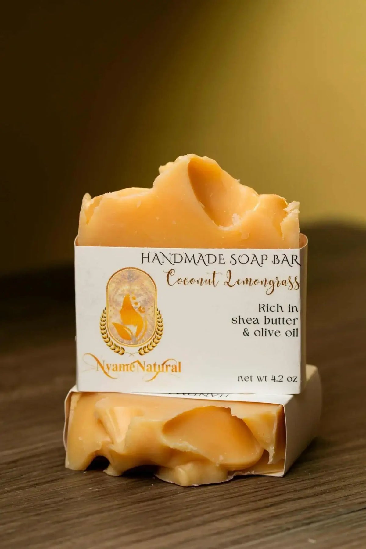 Coconut Lemongrass soap bar rich in shea butter and olive oil for deep moisturization and nourishment.