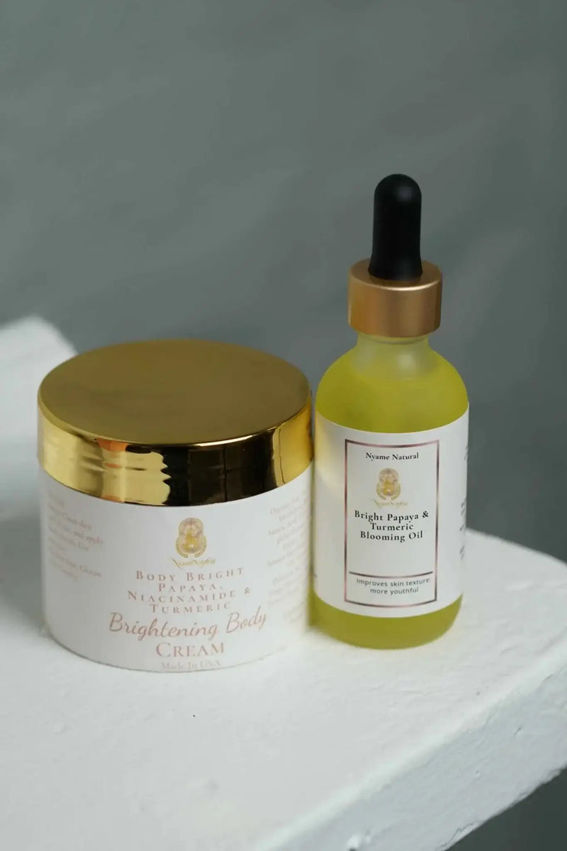 Discover Radiant Skin Face Oil & Cream featuring Bright Papaya & Turmeric in a luxurious body care duo.