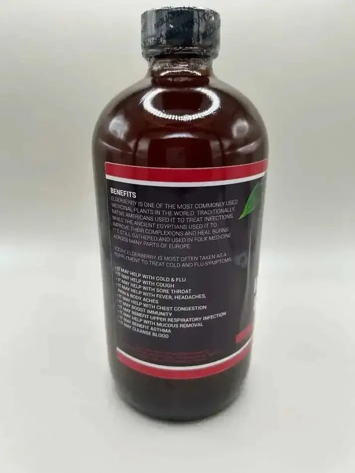 Elderberry Herbal Blend – Wellness Support Tonic bottle with benefits for cold, flu, detox, and cleanse.