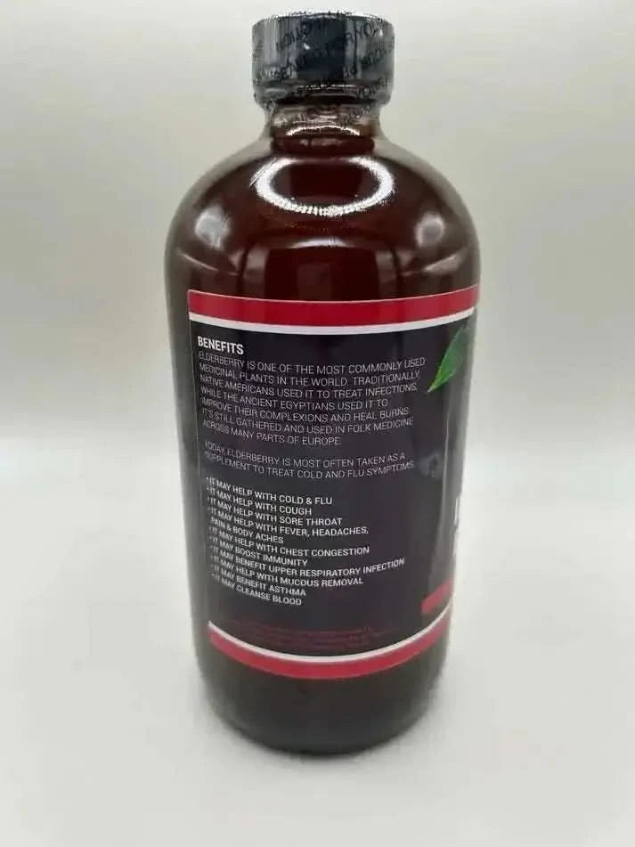 RoyalLuxsLLC elderberry immunity booster tonic in a brown glass bottle with black cap and benefits label
