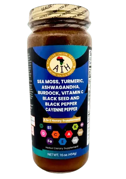 Energy Boost A to Z Honey in a jar featuring black seed, sea moss, turmeric, and herbal tonic ingredients.